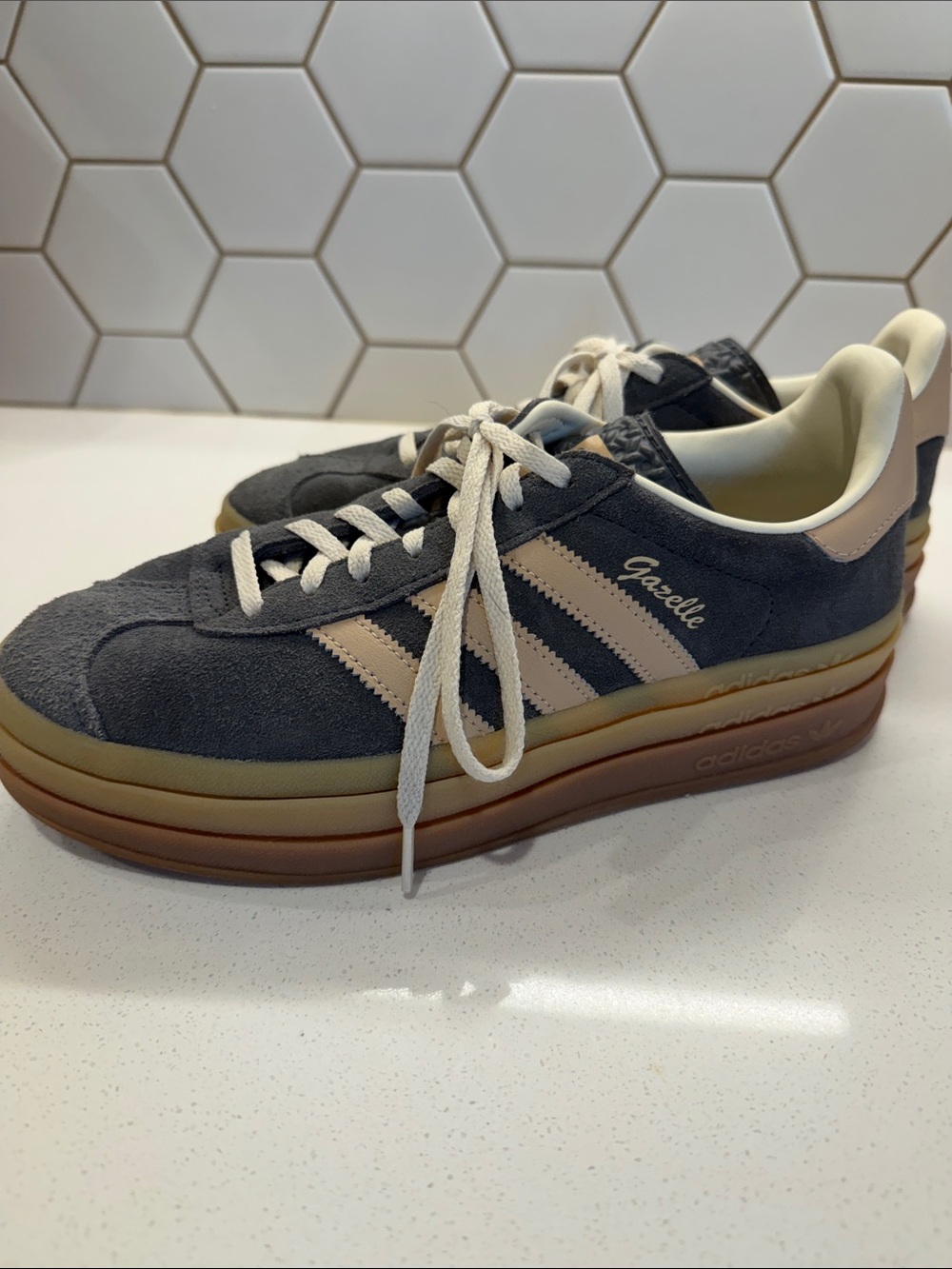 adidas Gazelle Gray and Pink Gum Sole Platform Suede Sneakers